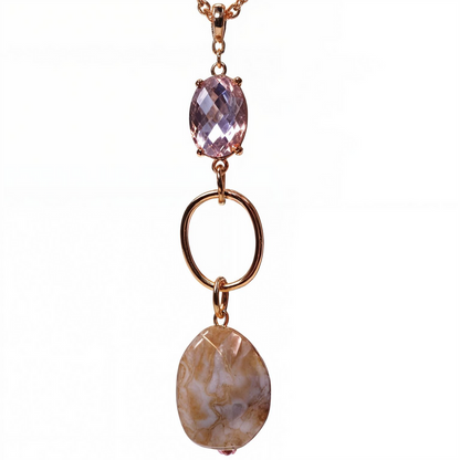 Golden Plated Crystal Stone Long Chain Pendant with Pebble Stone