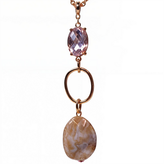 Golden Plated Crystal Stone Long Chain Pendant with Pebble Stone