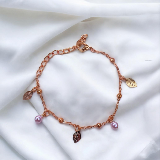 Golden Plated Bracelet with Pearls & Leaves