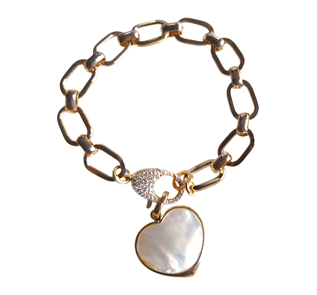 Beautiful Golden Chain Bracelet with MOP Heart Charm & CZ Stones