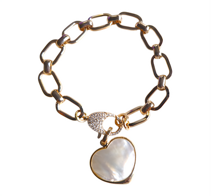Beautiful Golden Chain Bracelet with MOP Heart Charm & CZ Stones
