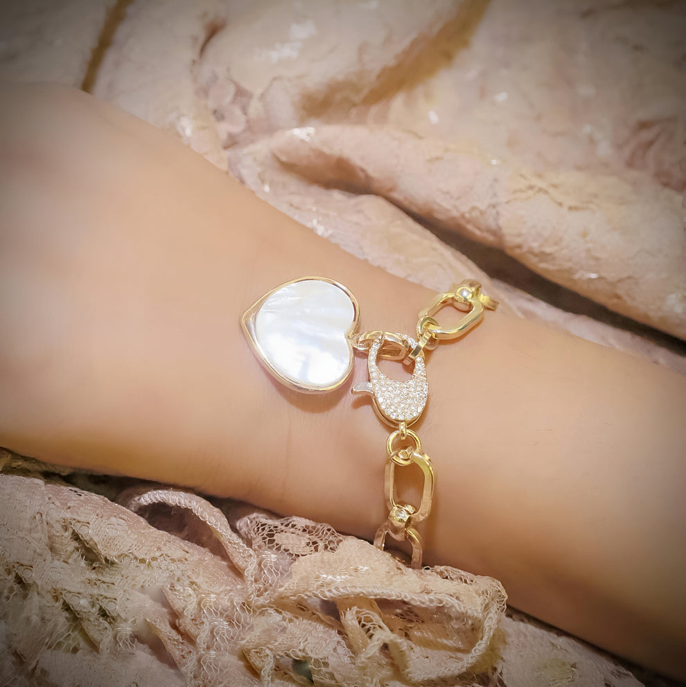 Beautiful Golden Chain Bracelet with MOP Heart Charm & CZ Stones