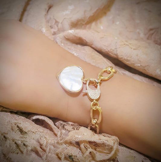 Beautiful Golden Chain Bracelet with MOP Heart Charm & CZ Stones