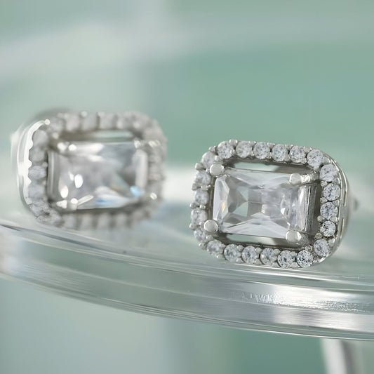 Beautiful Emerald Cut Single AD Solitaire Chain Pendant Set with Studs