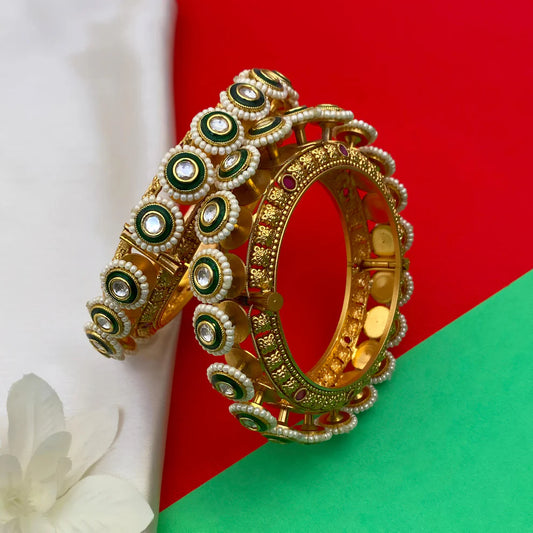 Traditional Green Kundan Rajwada Bangles