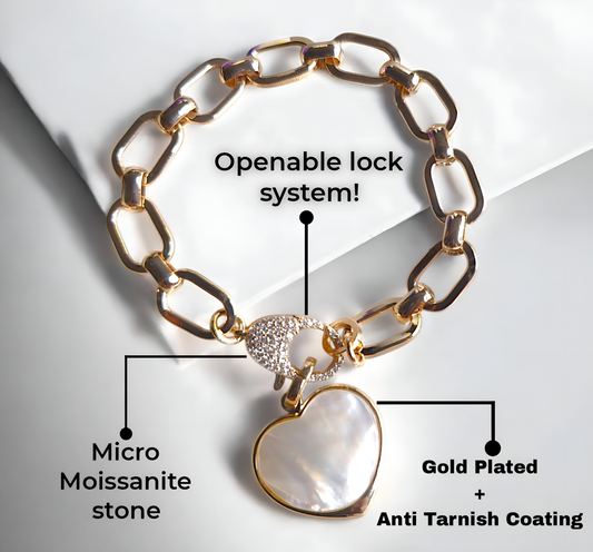 Beautiful Golden Chain Bracelet with MOP Heart Charm & CZ Stones
